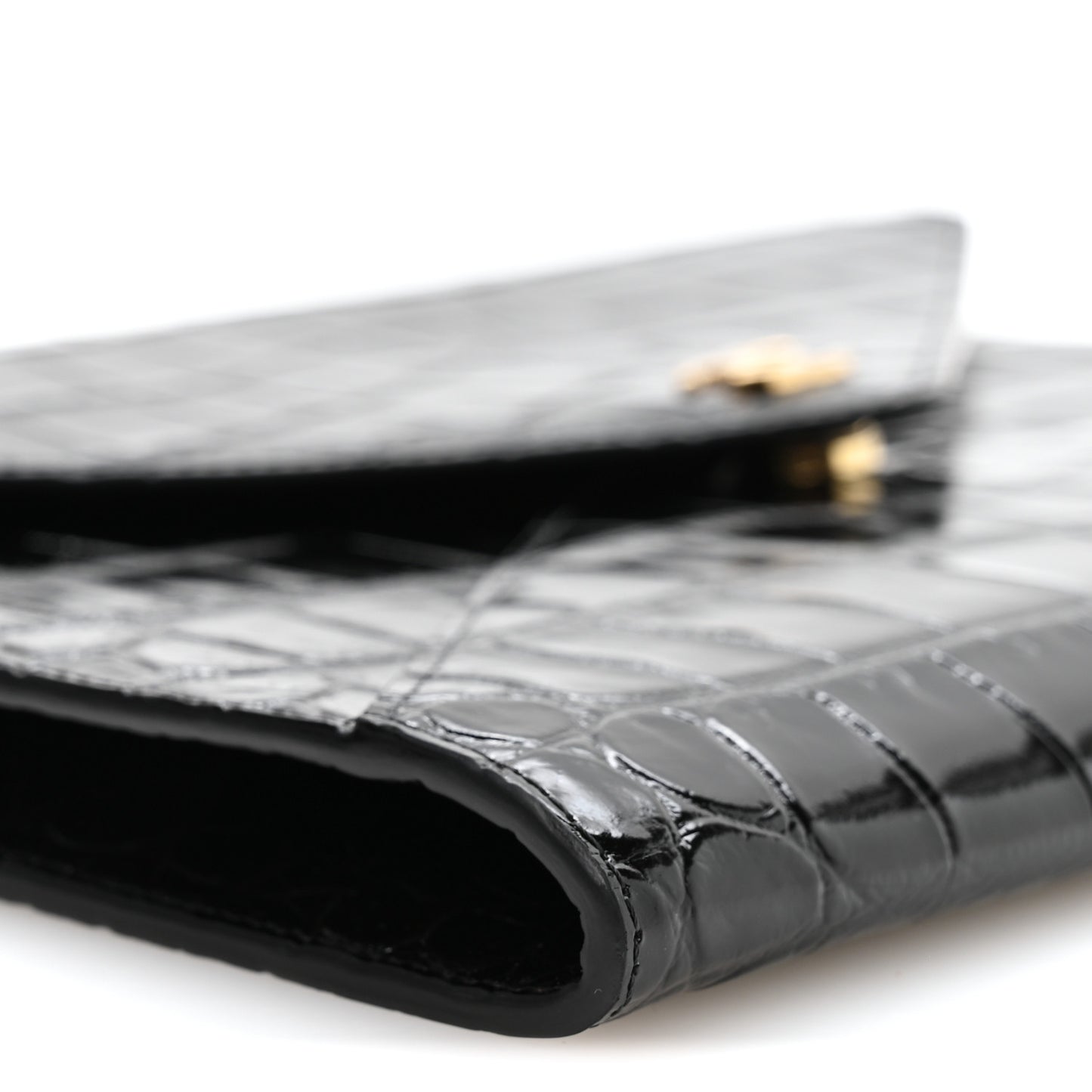 Calfskin Crocodile Embossed Croc Illusion Clutch With Chain Black