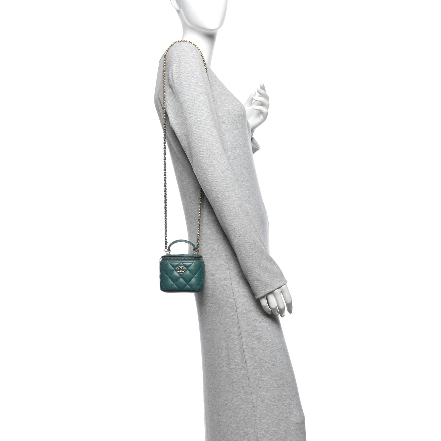 Lambskin Quilted Top Handle Mini Vanity Case With Chain Green