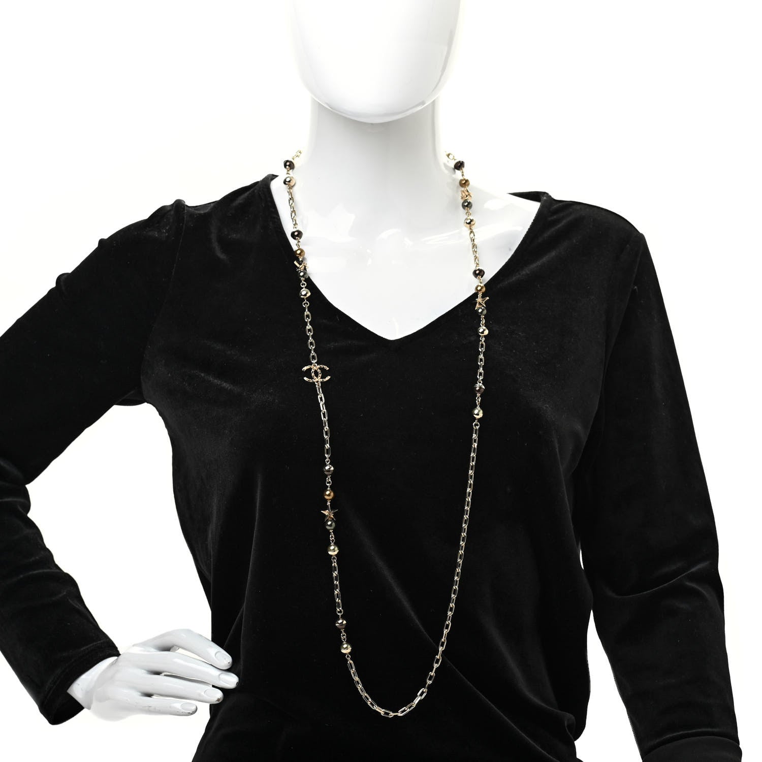 Chanel Beaded Star CC Long Necklace Green Gold 2 of 7