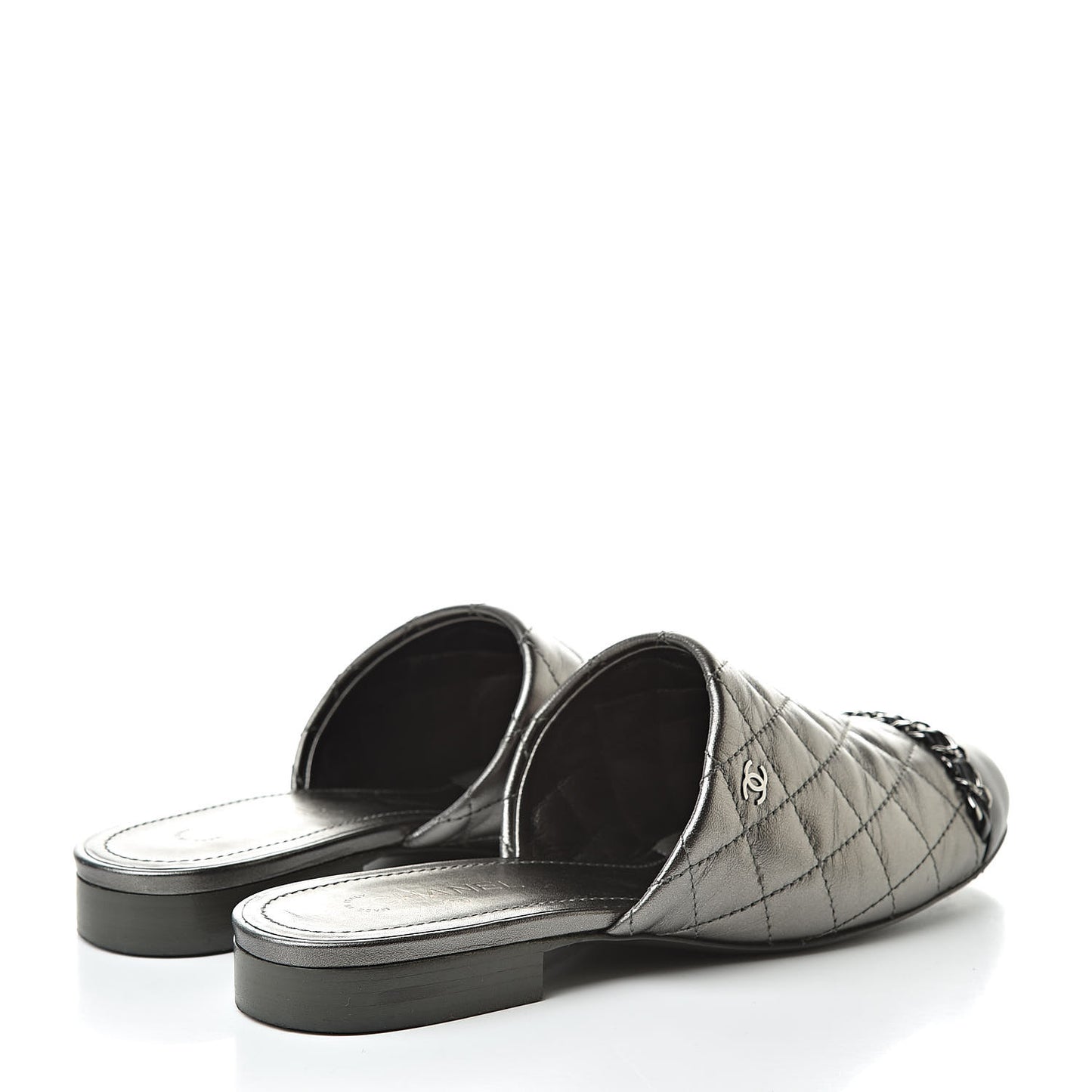 Iridescent Lambskin Quilted CC Chain Mules 36 Silver Black