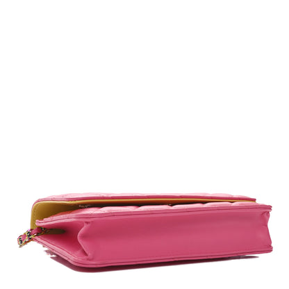 Chanel Lambskin Quilted Wallet On Chain WOC Pink Yellow 4 of 12