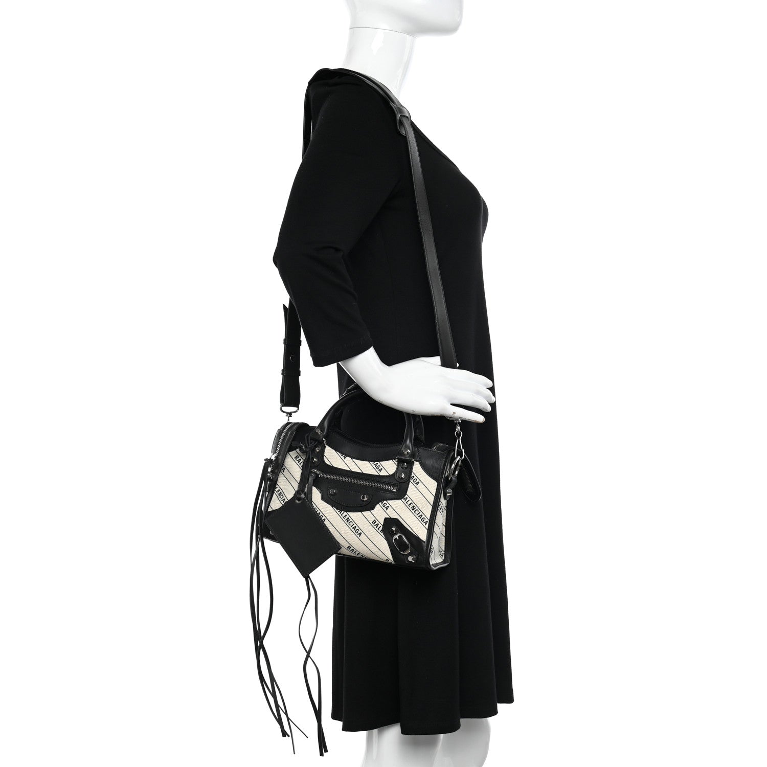 Balenciaga Canvas Satin Calfskin Diagonal Allover Logo Print Classic Silver Hardware Mini City Natural Black 2 of 11