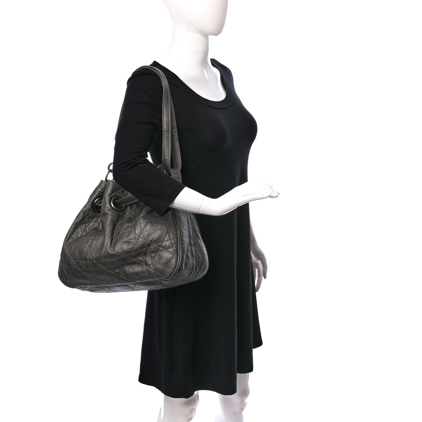 Metallic Lambskin Cannage Drawstring Bag Grey
