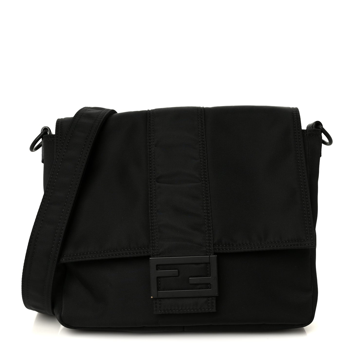 Econyl Nylon Cuoio Romano Monochrome Medium Baguette Messenger Bag Black