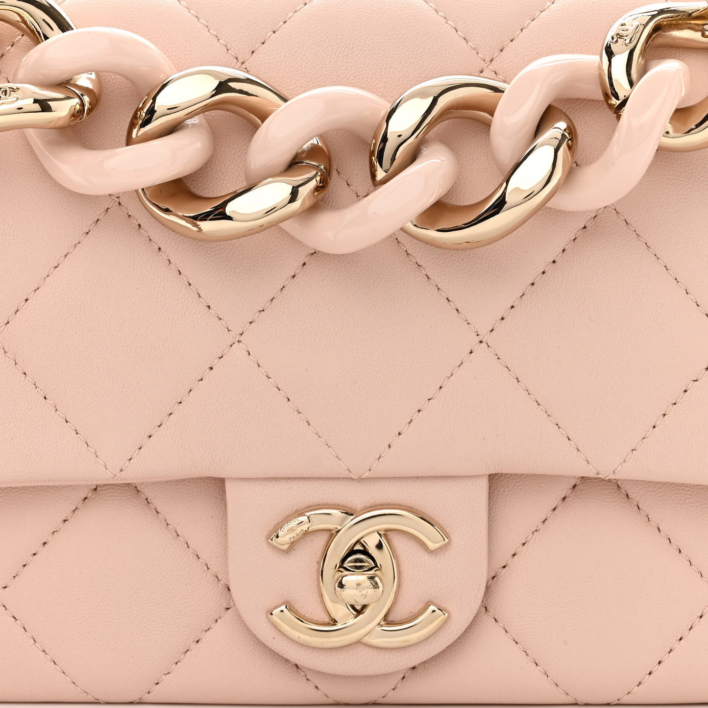 Lambskin Quilted Resin Bi-Color Chain Flap Bag Light Beige