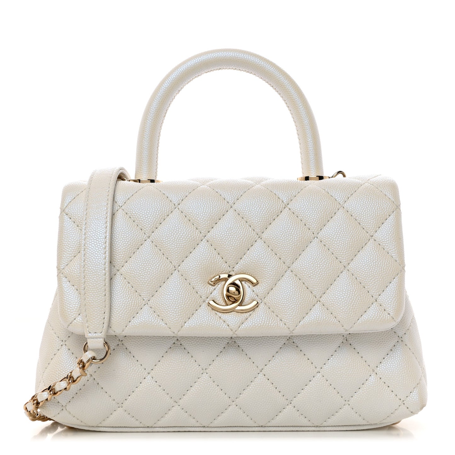 Iridescent Caviar Quilted Mini Coco Handle Flap White