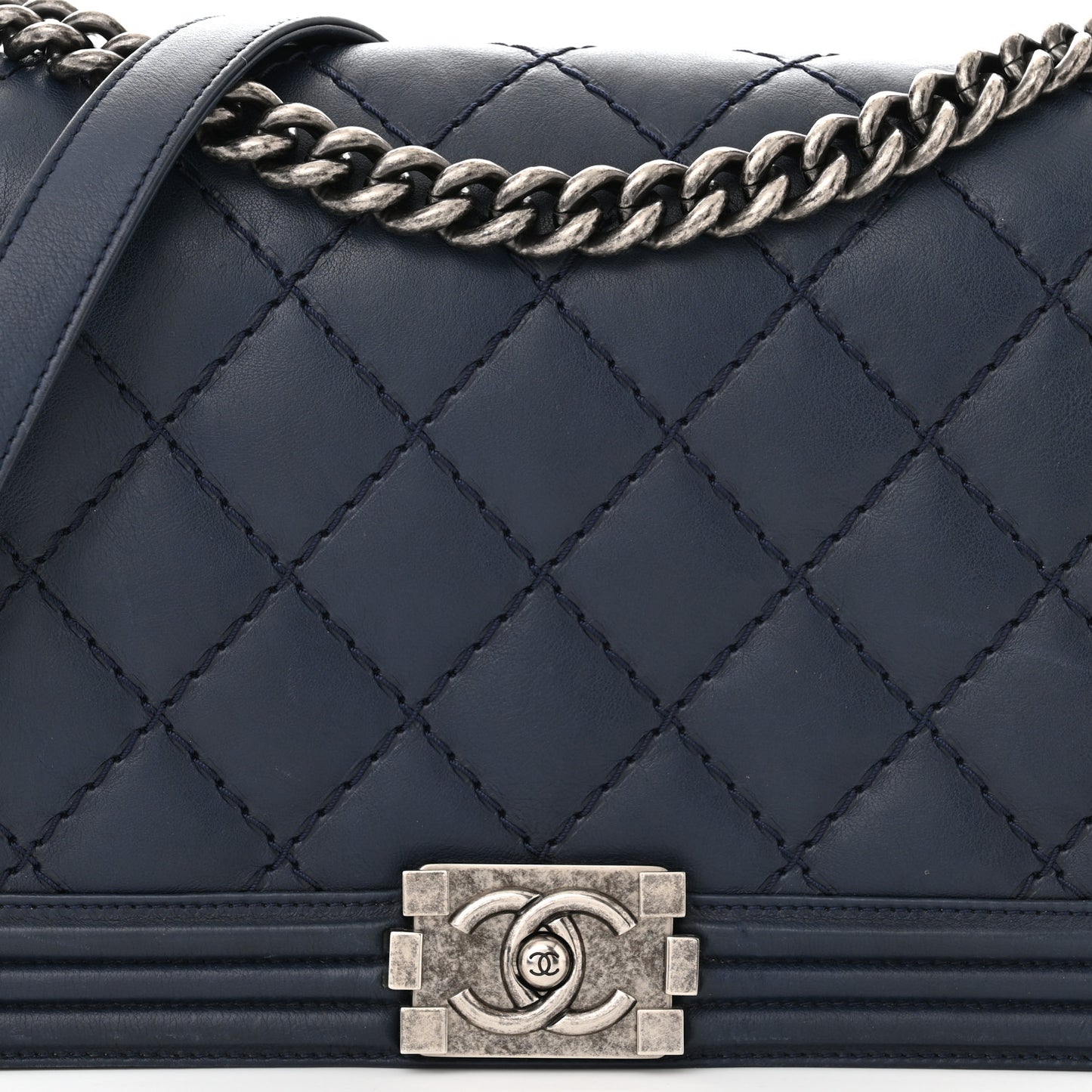 Calfskin Double Stitch New Medium Boy Flap Navy Blue