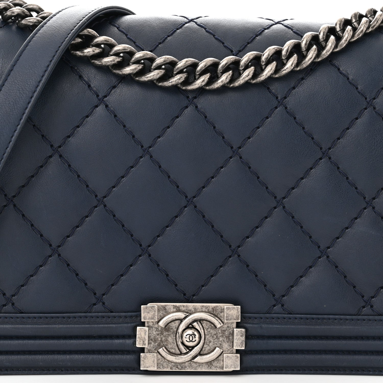 Chanel Calfskin Double Stitch New Medium Boy Flap Navy Blue 8 of 13
