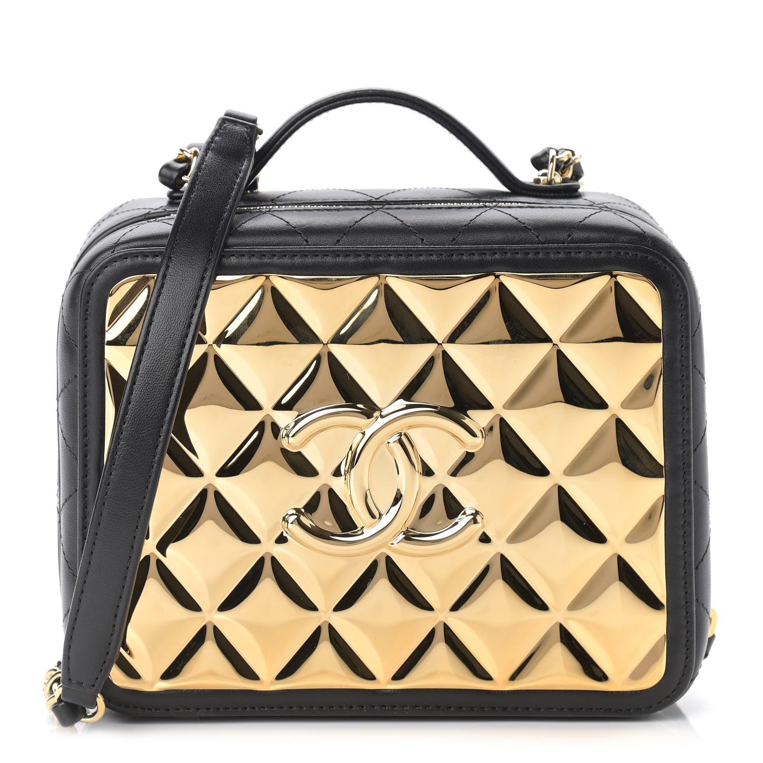 Chanel Lambskin Metal Quilted Golden Plate Vanity Case Black Golden Plate Vanity Case Black Gold 1 of 9