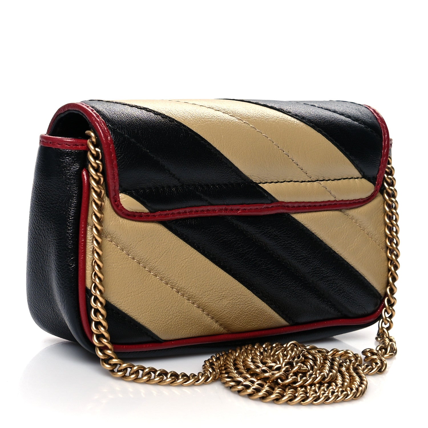 Gucci Vintage Effect Calfskin Matelasse Diagonal Striped Super Mini Torchon GG Marmont Shoulder Bag Black Beige 3 of 10
