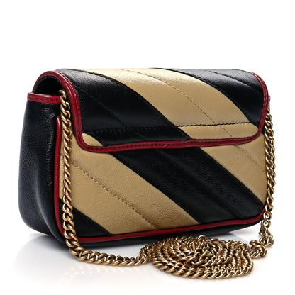 Gucci Vintage Effect Calfskin Matelasse Diagonal Striped Super Mini Torchon GG Marmont Shoulder Bag Black Beige 3 of 10