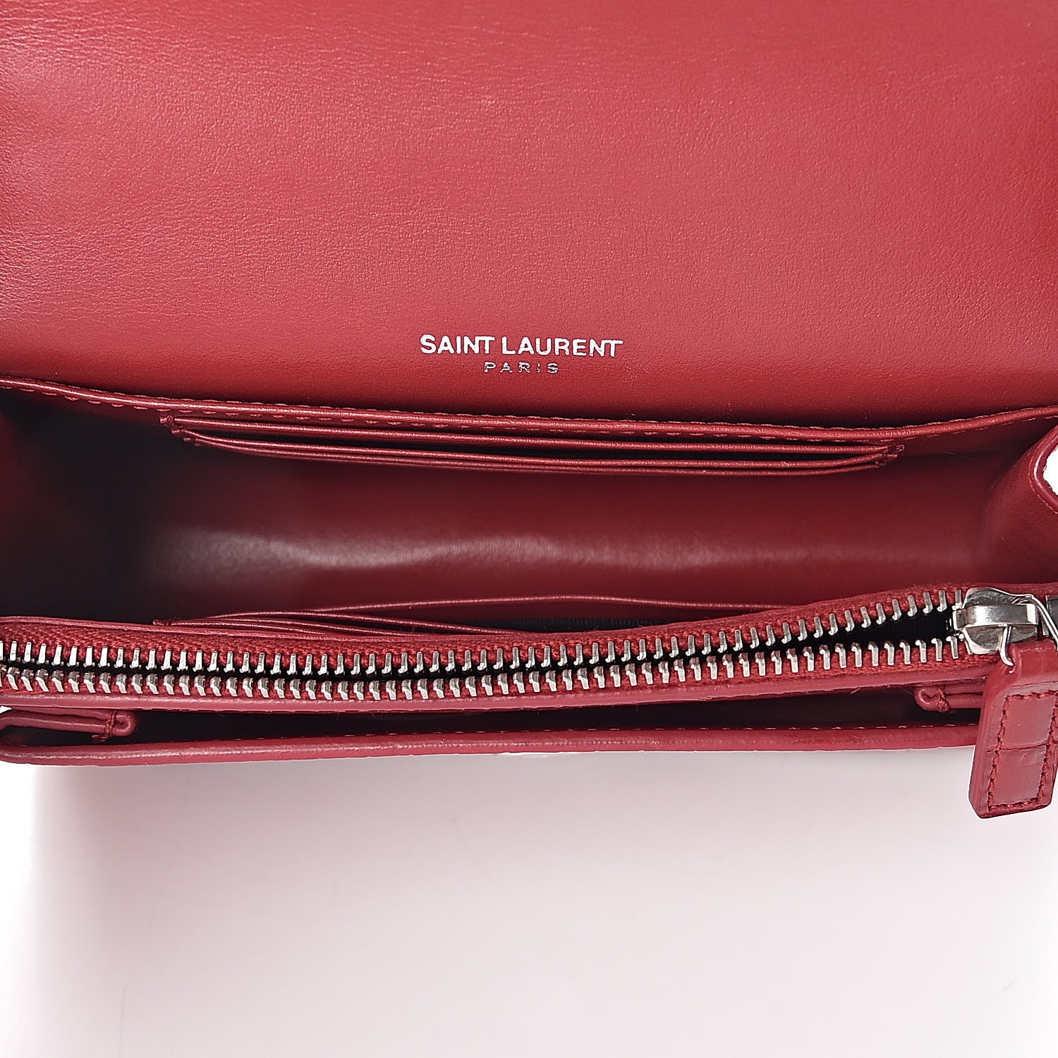 Saint Laurent Calfskin Crocodile Embossed Monogram Sunset Chain Wallet New Lipstick Red 5 of 9