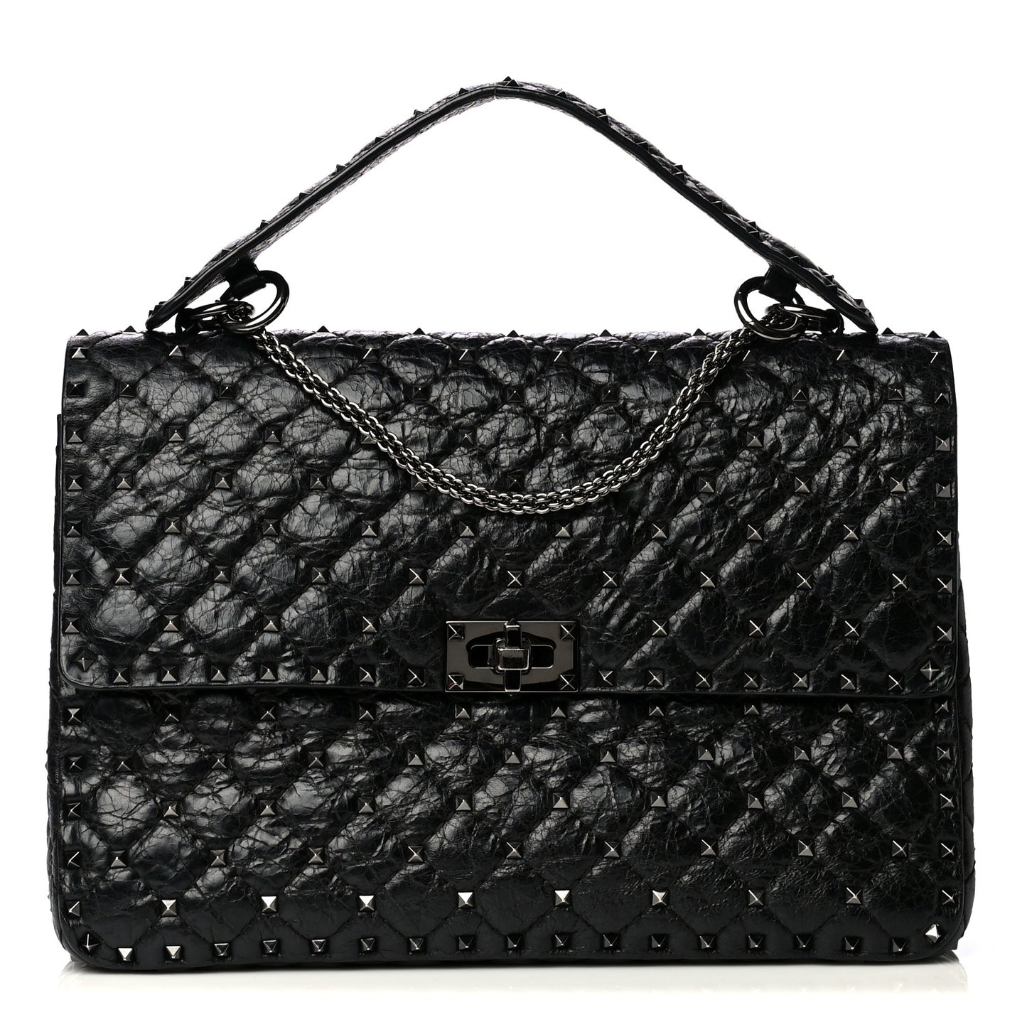 Craquele Nappa Large Rockstud Spike Shoulder Bag Black