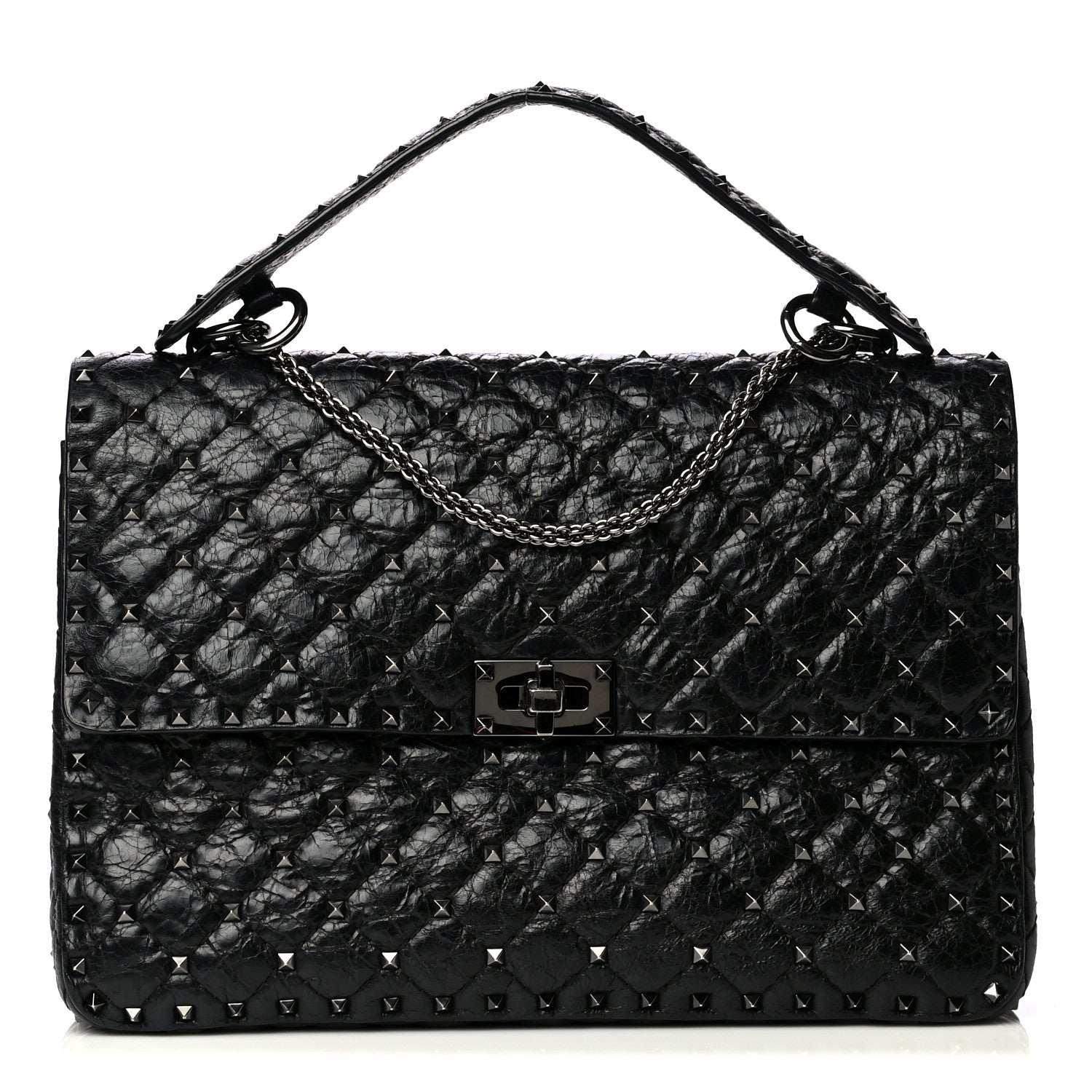 Valentino Garavani Craquele Nappa Large Rockstud Spike Shoulder Bag Black 1 of 4