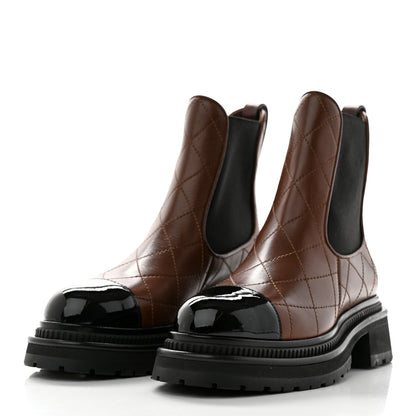 Chanel Calfskin Patent Cap Toe Quilted Short Boots 36.5 Brown Black 3 of 9