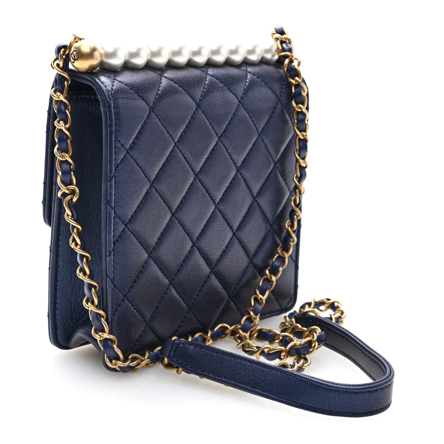 Iridescent Lambskin Quilted Chic Pearls Flap Navy Blue