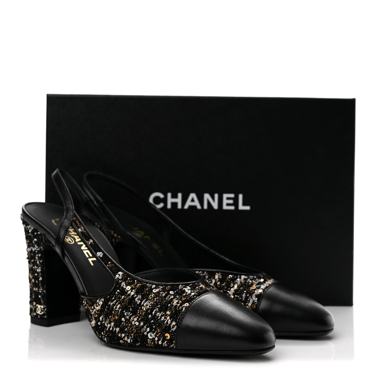 Chanel Glittered Wool Tweed Lambskin Cap Toe CC Slingback Pumps 40 Black White Gold 10 of 10