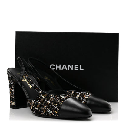 Chanel Glittered Wool Tweed Lambskin Cap Toe CC Slingback Pumps 40 Black White Gold 10 of 10