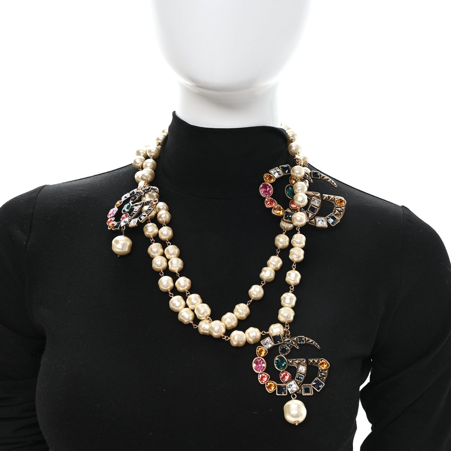 Crystal Pearl Double G Necklace Aged Gold Multicolor