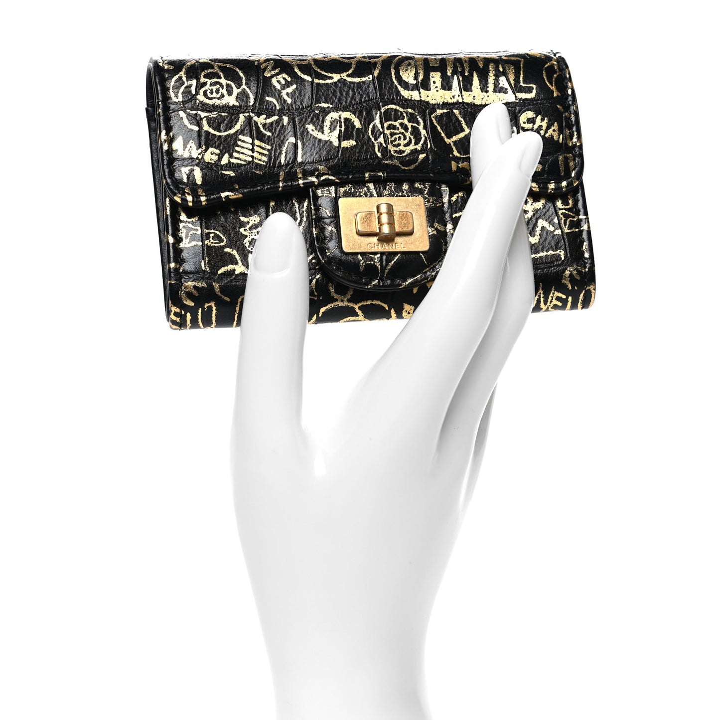 Calfskin Crocodile Embossed Graffiti 2.55 Cocodile Reissue Flap Card Holder Black Gold