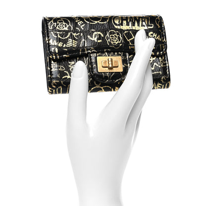 Chanel Calfskin Crocodile Embossed Graffiti 2.55 Cocodile Reissue Flap Card Holder Black Gold 2 of 9