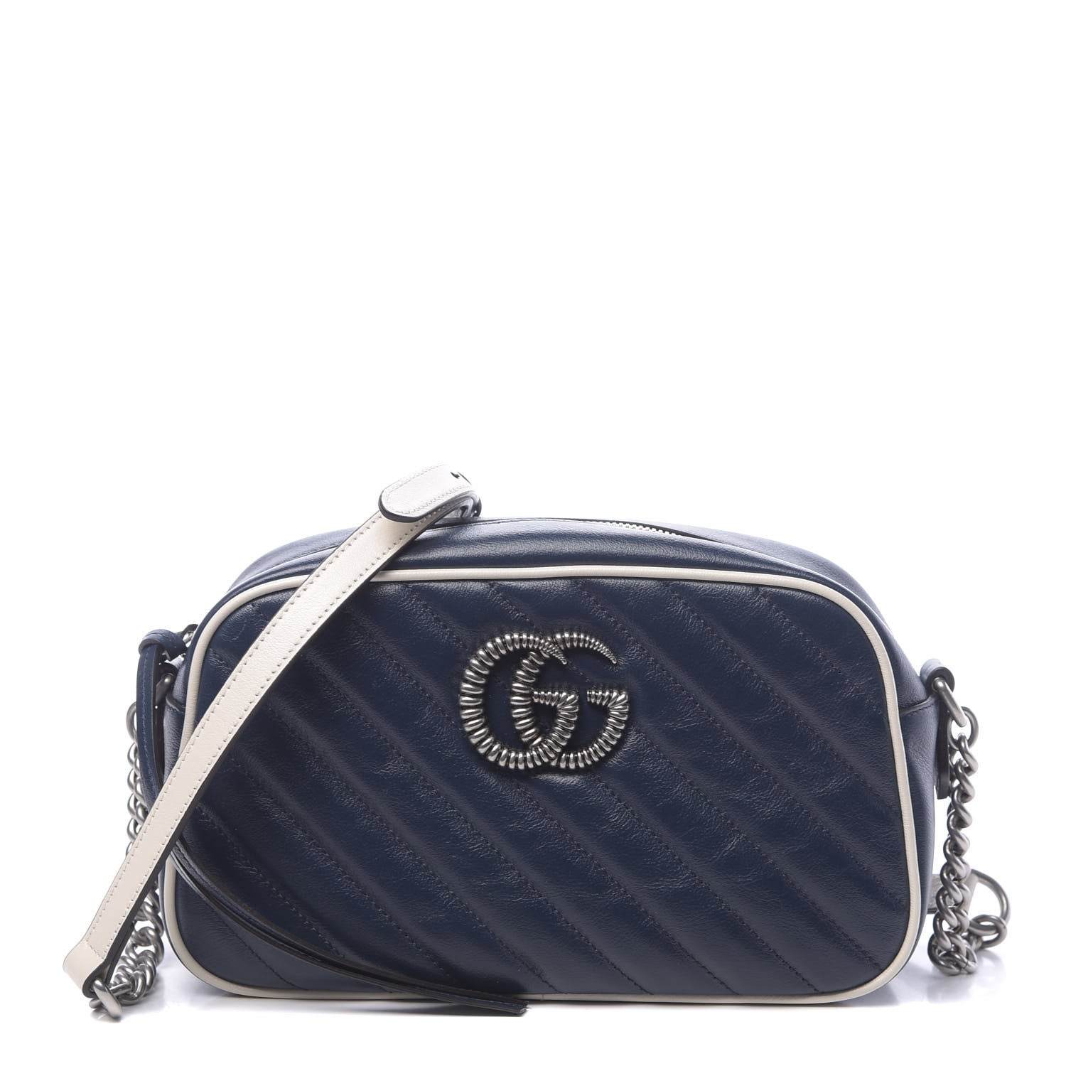 Gucci Vintage Effect Calfskin Matelasse Diagonal Small Torchon GG Marmont Chain Shoulder Bag Blue Agata Mystic White 1 of 10