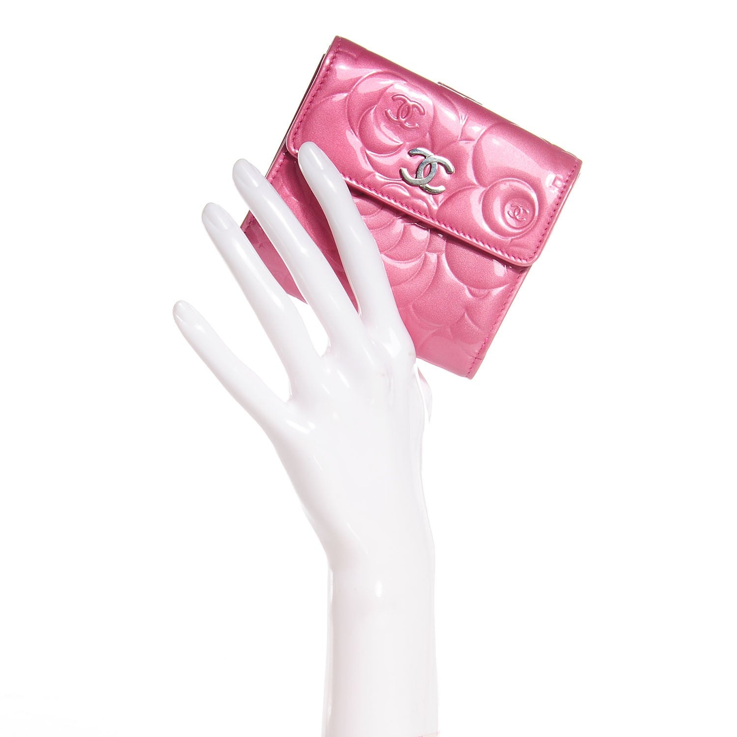 Chanel Patent Camellia Embossed French Wallet Pink 2 of 8