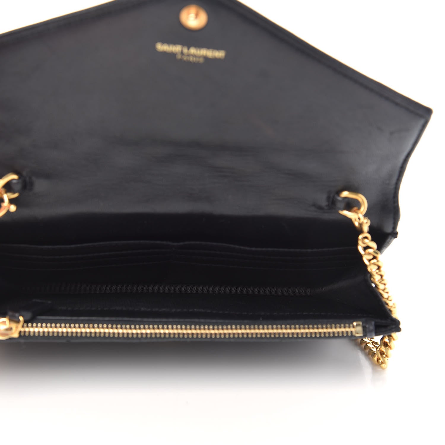 Saint Laurent Grain De Poudre Matelasse Chevron Monogram Envelope Chain Wallet Black 5 of 14