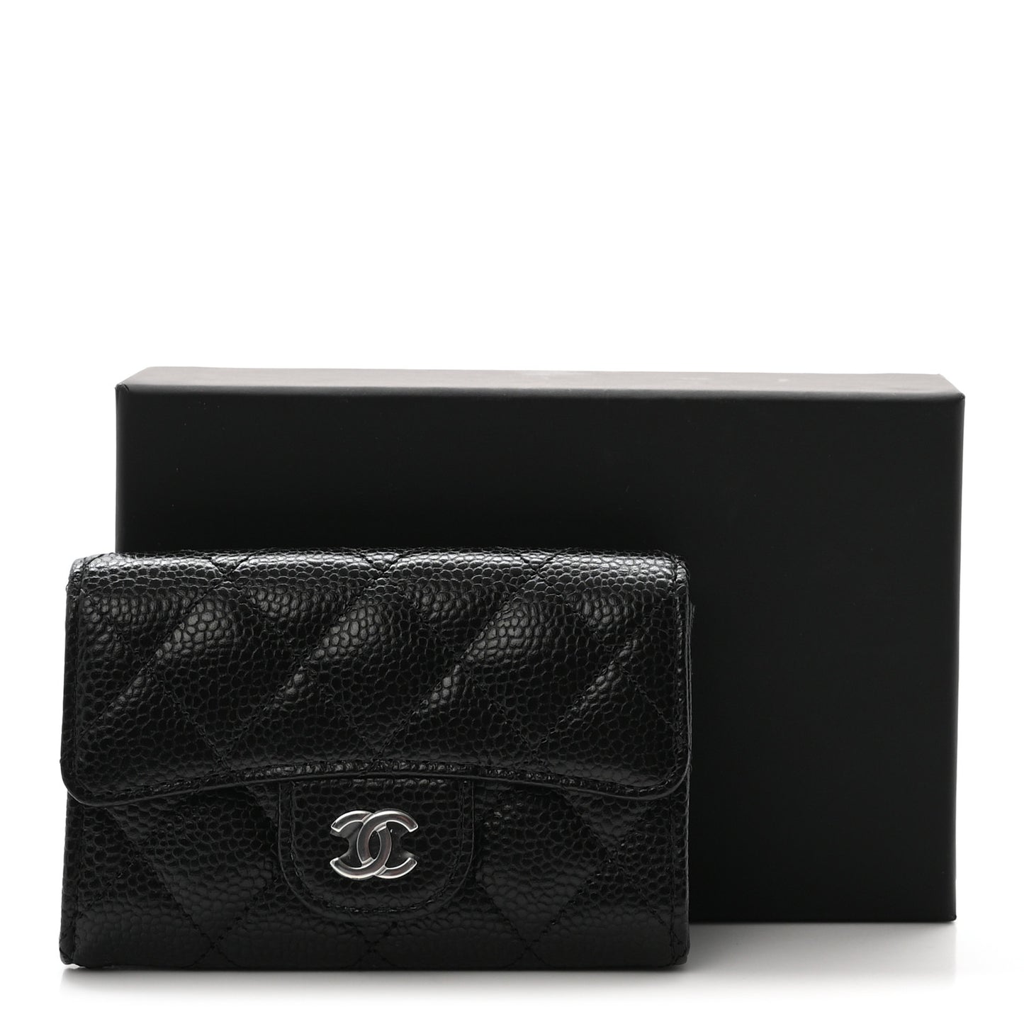 Caviar Quilted Flap Card Holder Wallet Black