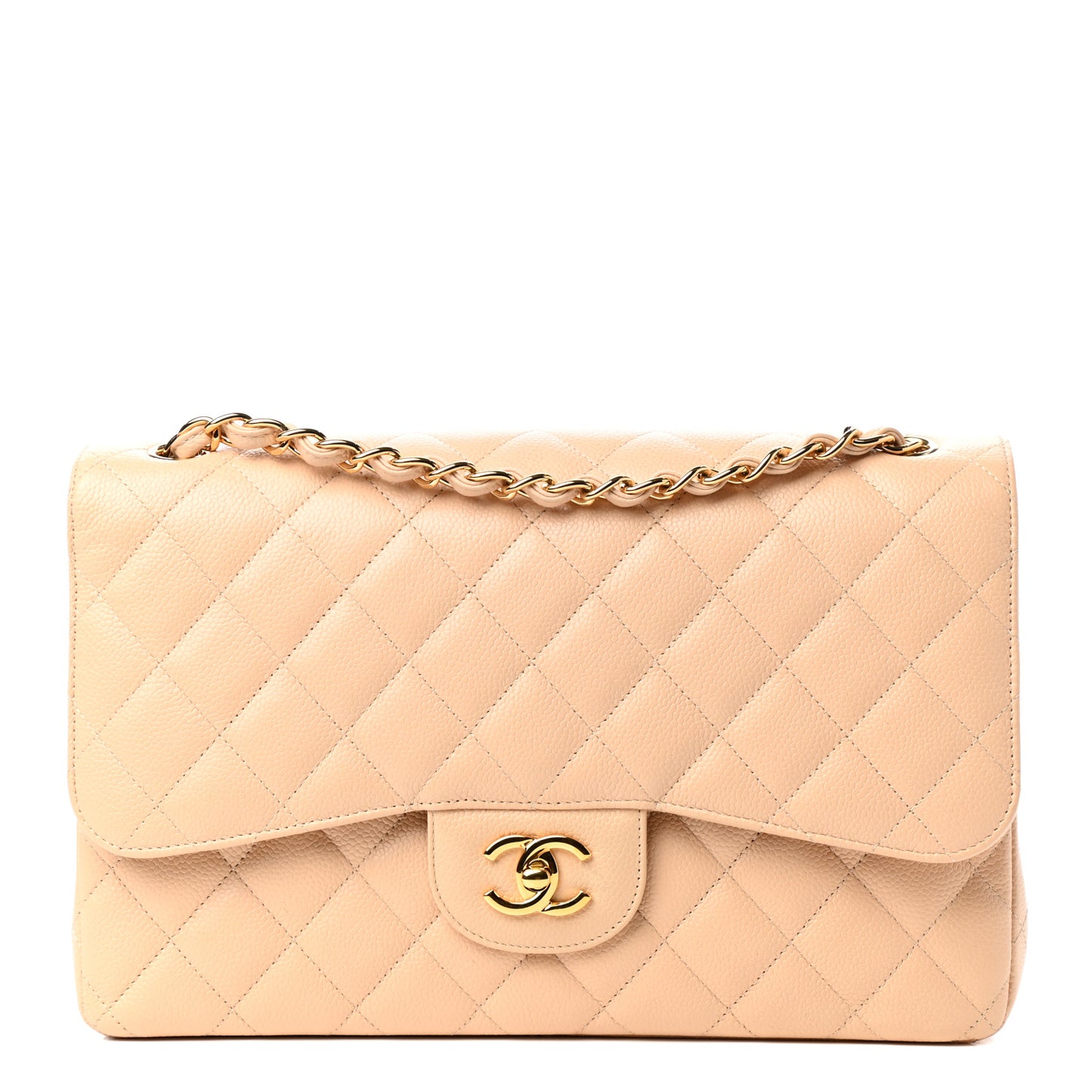 Caviar Quilted Jumbo Double Flap Beige