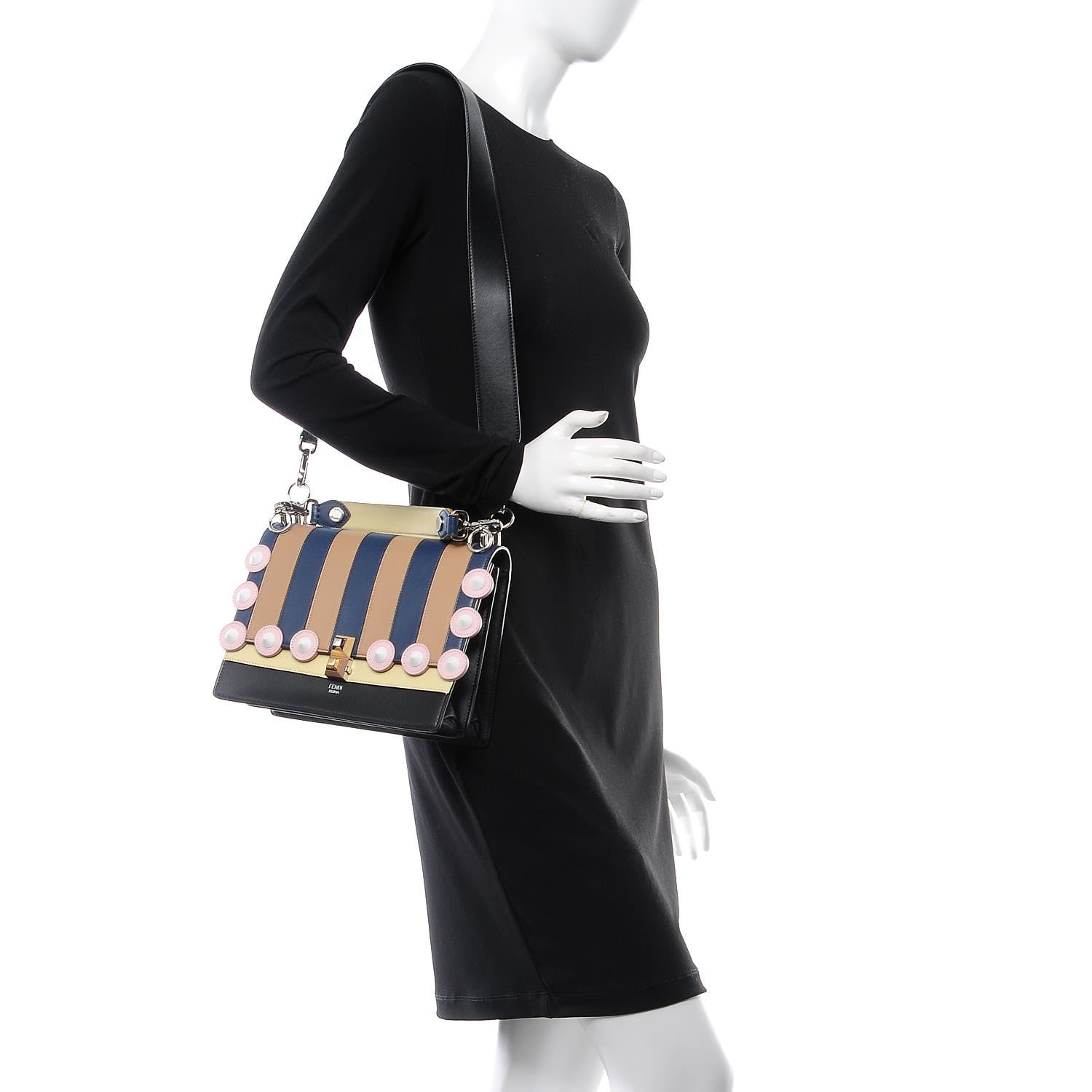 Fendi Vitello Liberty Lucido Pequin Inlay Studded Kan I Shoulder Bag Black Multicolor 2 of 9