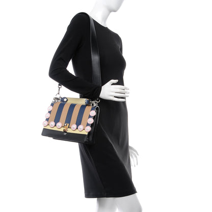 Fendi Vitello Liberty Lucido Pequin Inlay Studded Kan I Shoulder Bag Black Multicolor 2 of 9