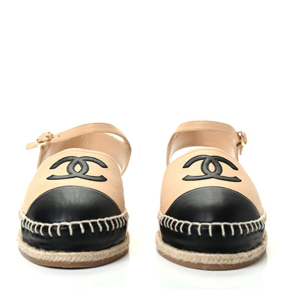 Chanel Lambskin Cap Toe CC Espadrille Sandals 37 Beige Black 2 of 9