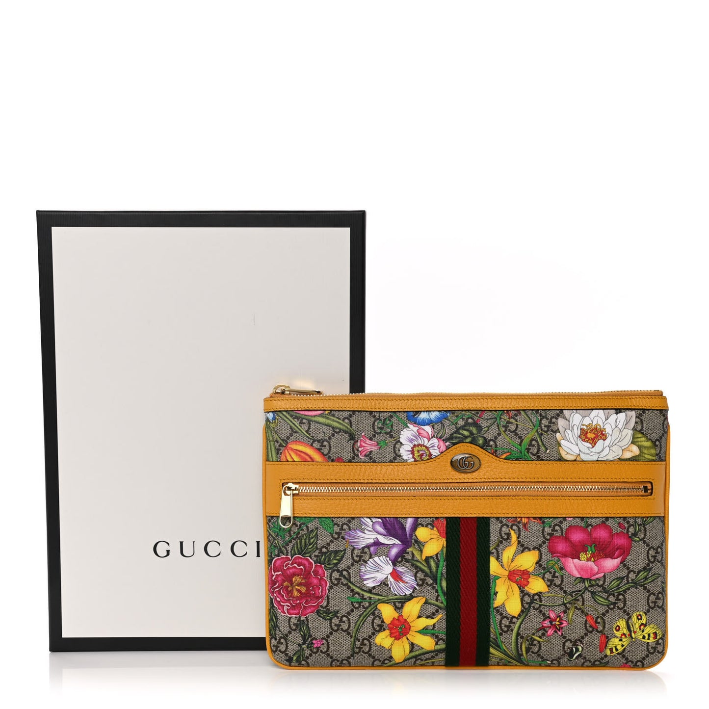 GG Supreme Monogram Flora Large Ophidia Pouch Clutch Beige Multicolor Crop