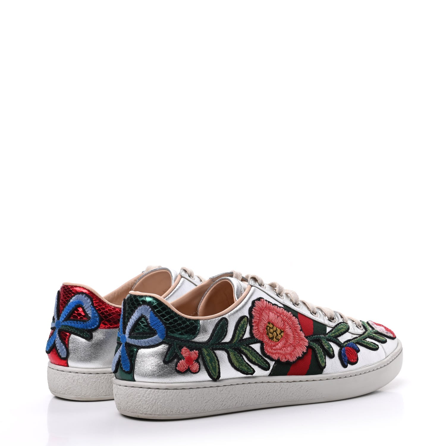Gucci Metallic Calfskin Floral Embroidered Ace Sneakers 37 Silver 4 of 19