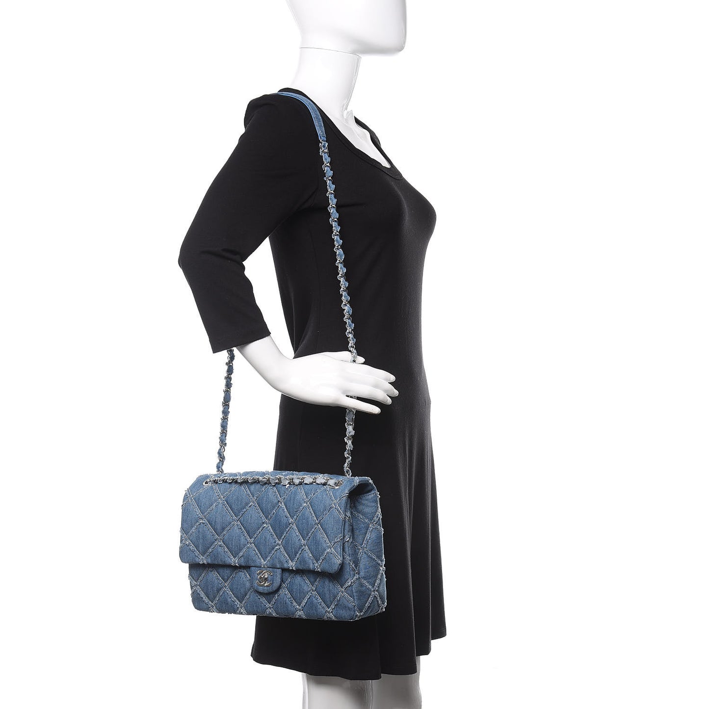 Frayed Denim Quilted Large Blue Chip Flap Blue