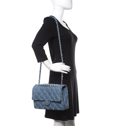 Chanel Frayed Denim Quilted Large Blue Chip Flap Blue 2 of 11
