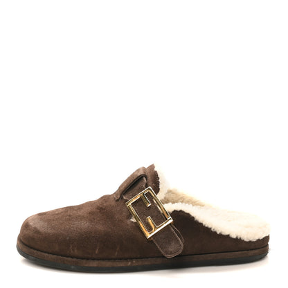Fendi Suede Shearling Fendi Feel Buckled Clogs 36 Mogano Latte 1 of 9