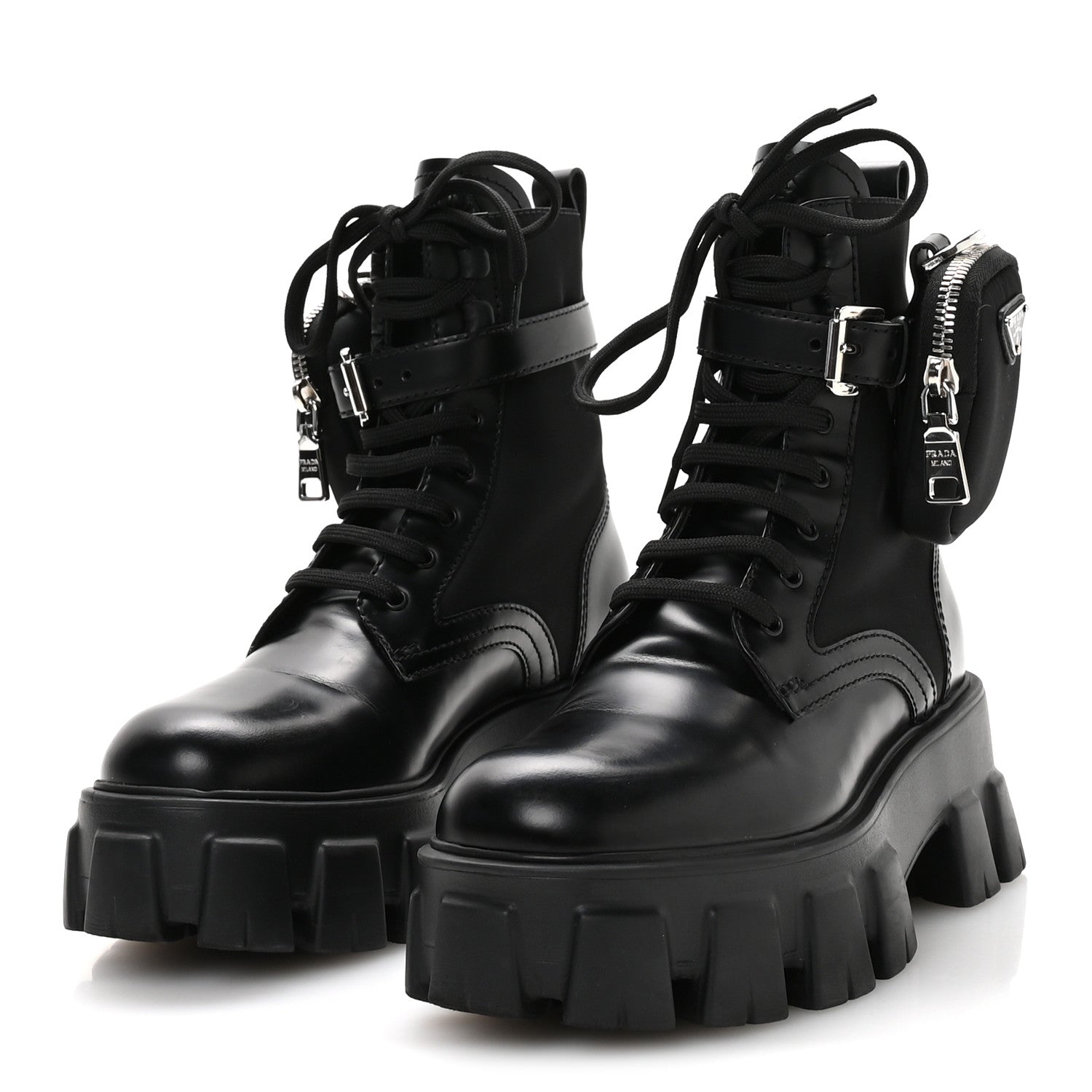 Prada Spazzolato Rois Re-Nylon Metal Triangle Logo Monolith Pouch Pocket 55mm Boots 35.5 Black 4 of 9