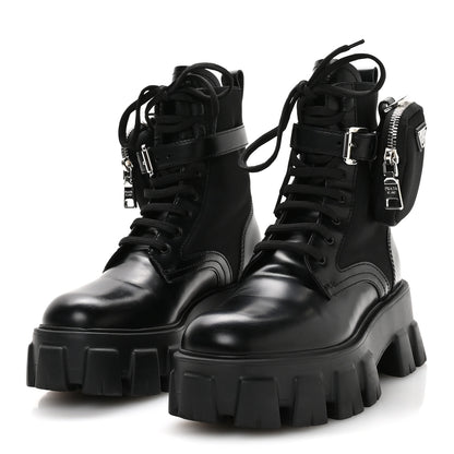Prada Spazzolato Rois Re-Nylon Metal Triangle Logo Monolith Pouch Pocket 55mm Boots 35.5 Black 4 of 9
