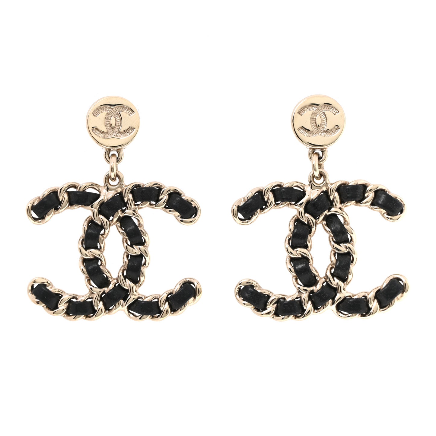 Lambskin Chain CC Drop Earrings Black Gold