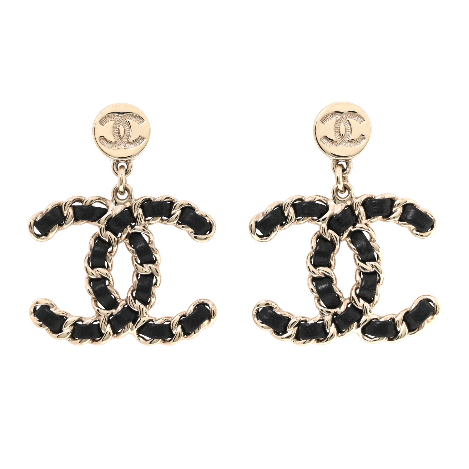 Chanel Lambskin Chain CC Drop Earrings Black Gold 1 of 5