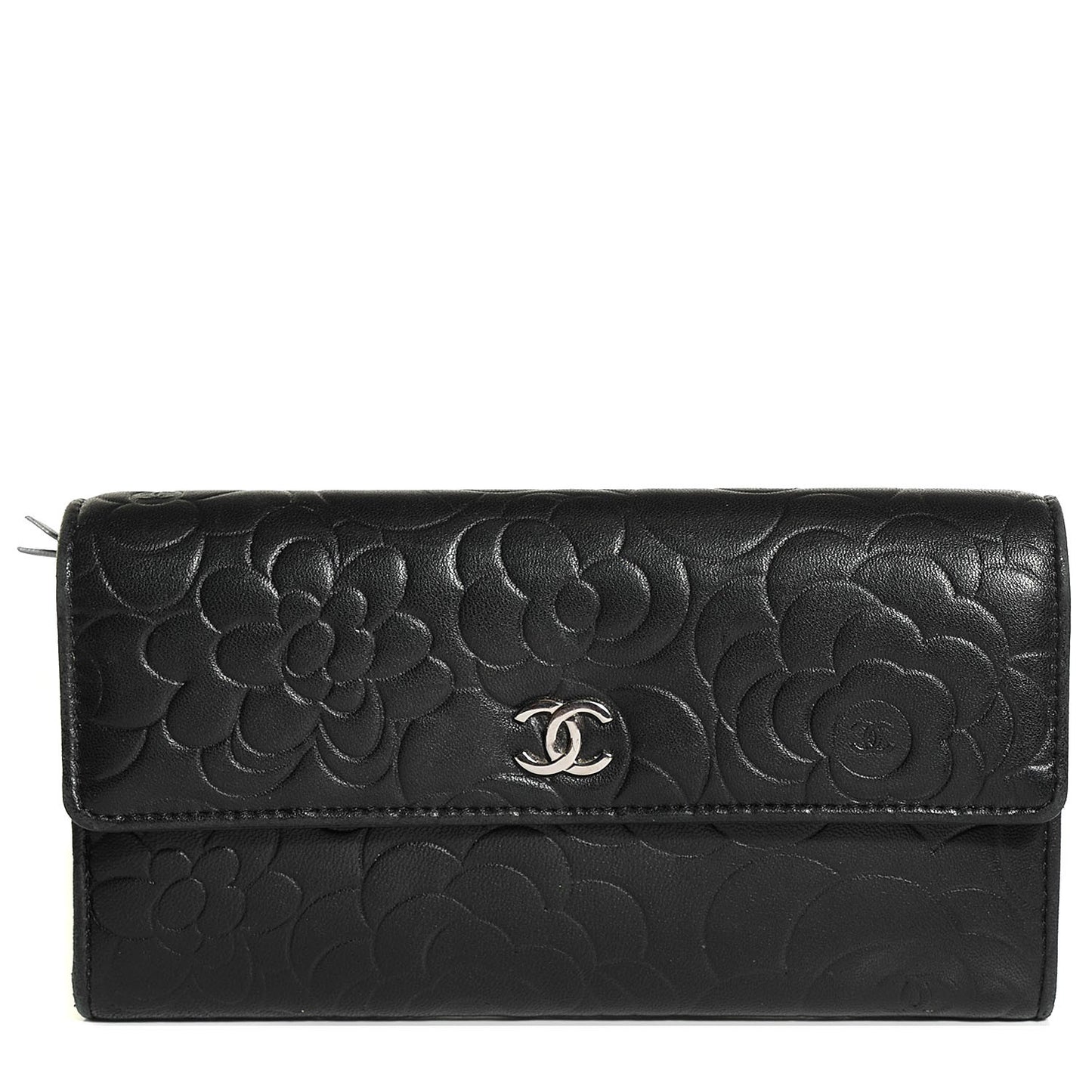 Lambskin Embossed Camellia Large Gusset Flap Wallet Black
