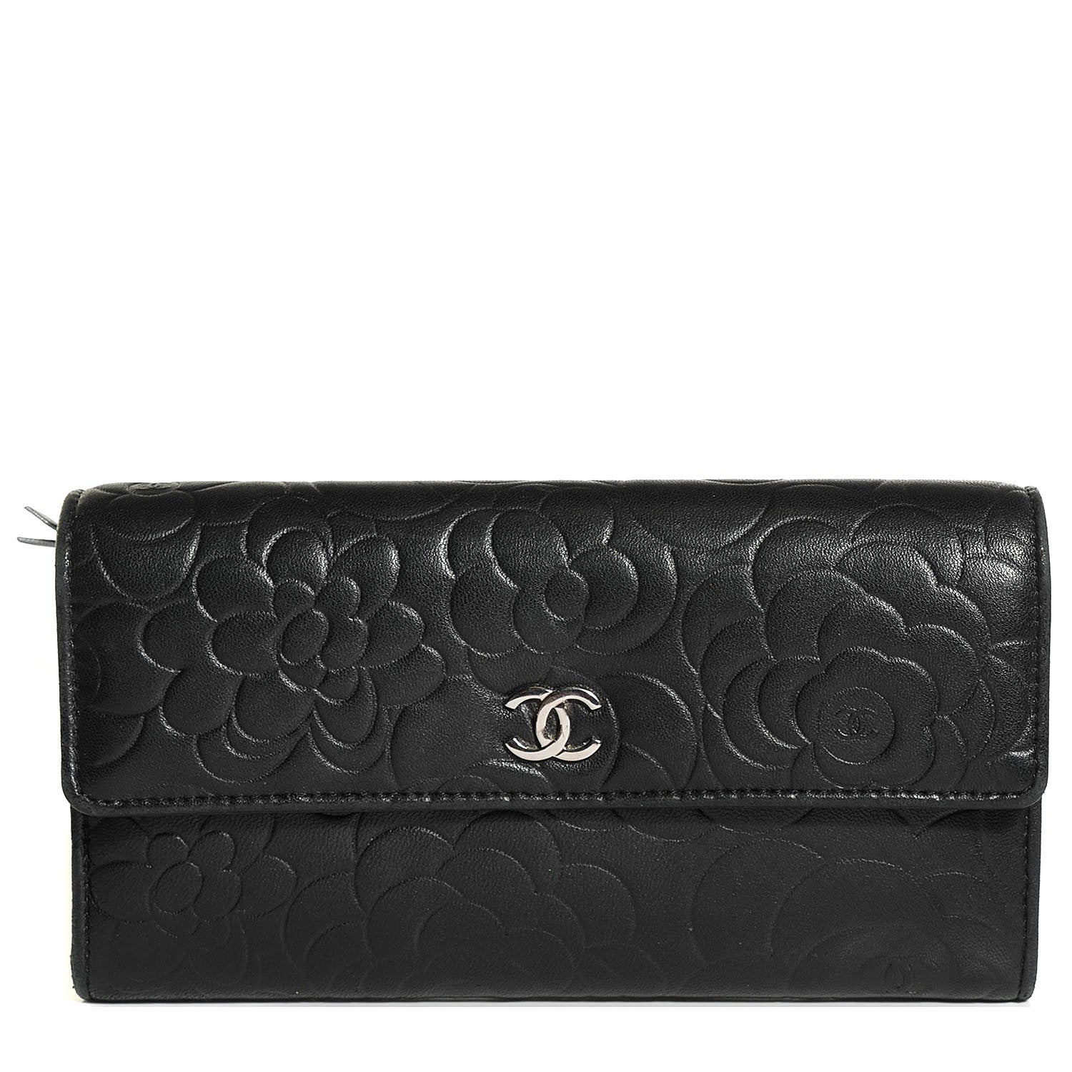 Chanel Lambskin Embossed Camellia Large Gusset Flap Wallet Black 1 of 9