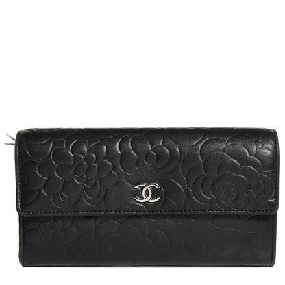 Chanel Lambskin Embossed Camellia Large Gusset Flap Wallet Black 1 of 9