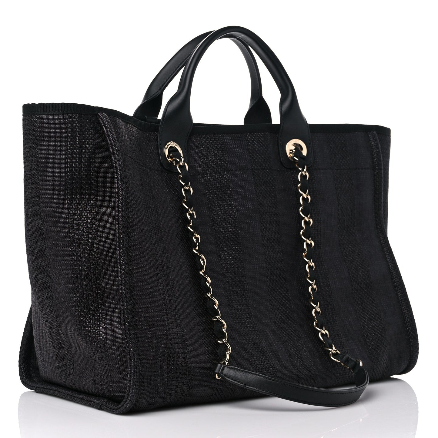 Mixed Fibers Calfskin Striped Medium Deauville Tote Black
