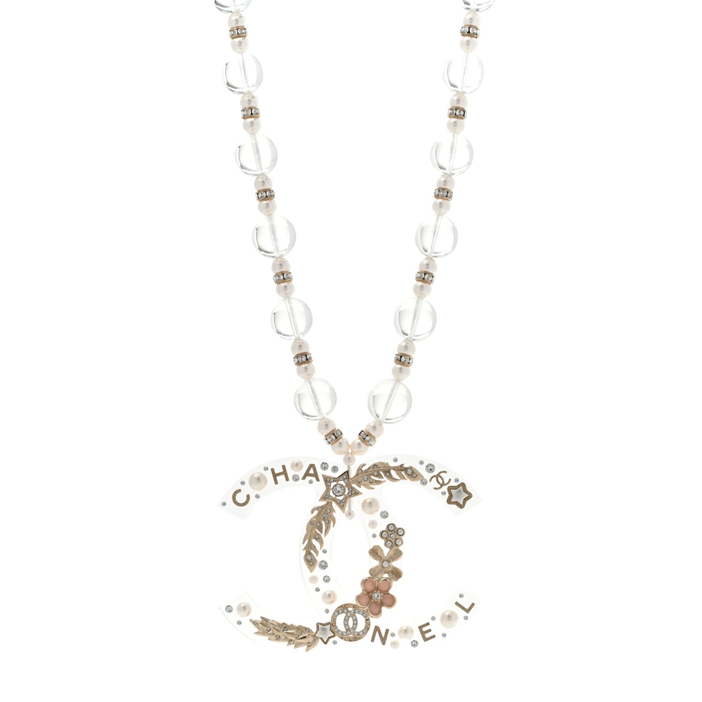 Resin Pearl Crystal Feather Star CC Necklace Transparent Gold