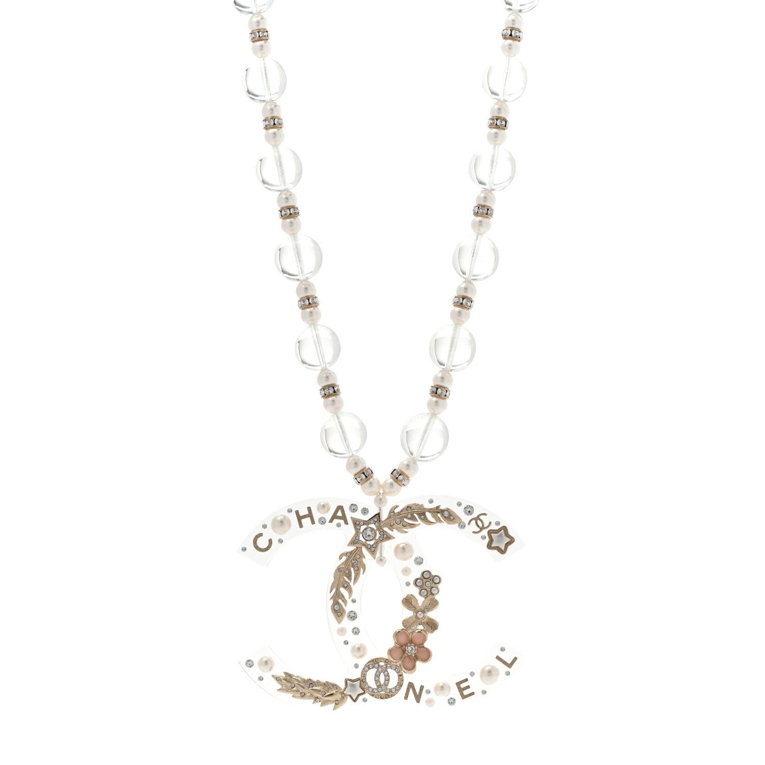 Chanel Resin Pearl Crystal Feather Star CC Necklace Transparent Gold 1 of 7