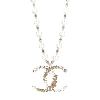 Chanel Resin Pearl Crystal Feather Star CC Necklace Transparent Gold 1 of 7
