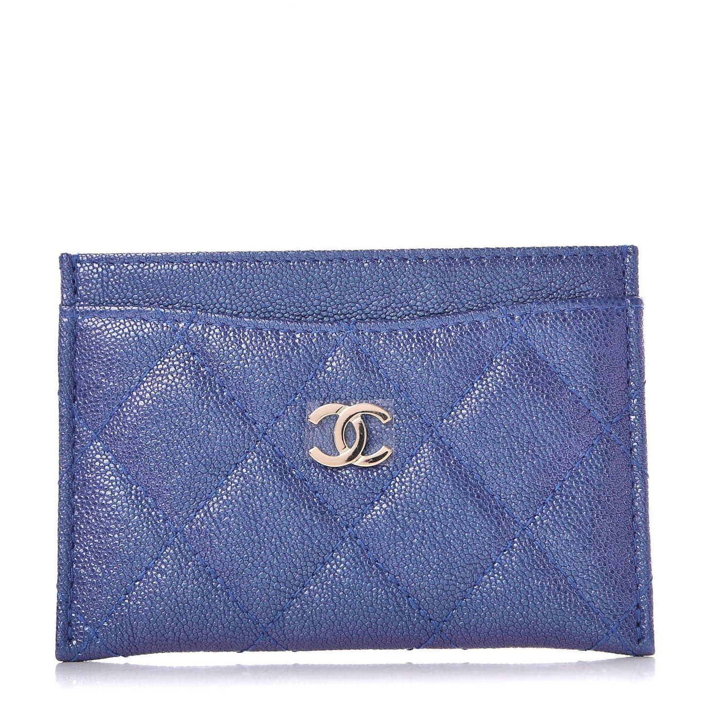 Iridescent Caviar Quilted Card Holder Blue Fonce